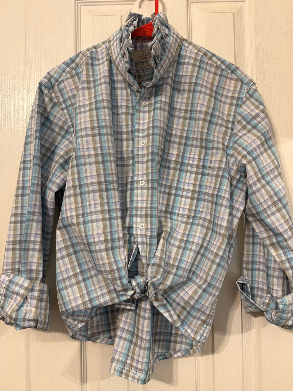 Haggar women’s Ruffle Collar Blue Plaid Button-Down Shirt